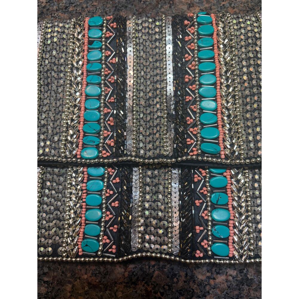 Black Clutch w/Turquoise & Metal Beading 10"x7" Excellent Condition - Picture 7 of 13